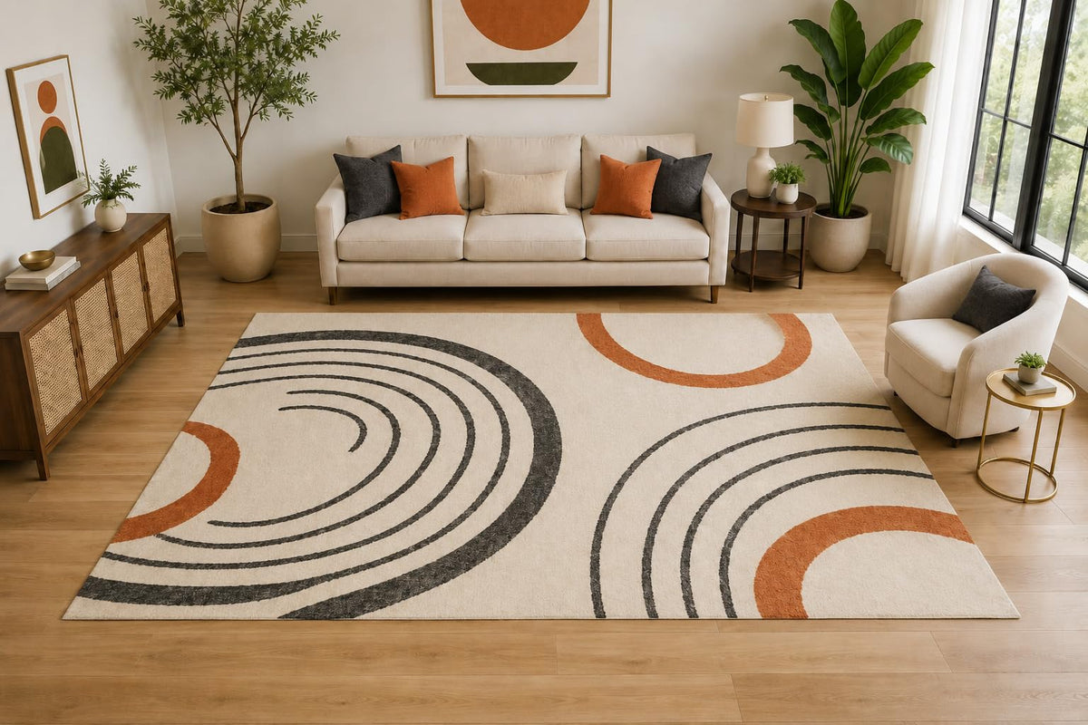 ICE ARMOR Large 6'7" x 9'10" Boho Concentric Arc Area Rug for for Bedroom, Living Room, Soft Low Pile Indoor Rug with Non-Slip Silicone Backing, Ivory Charcoal Rust