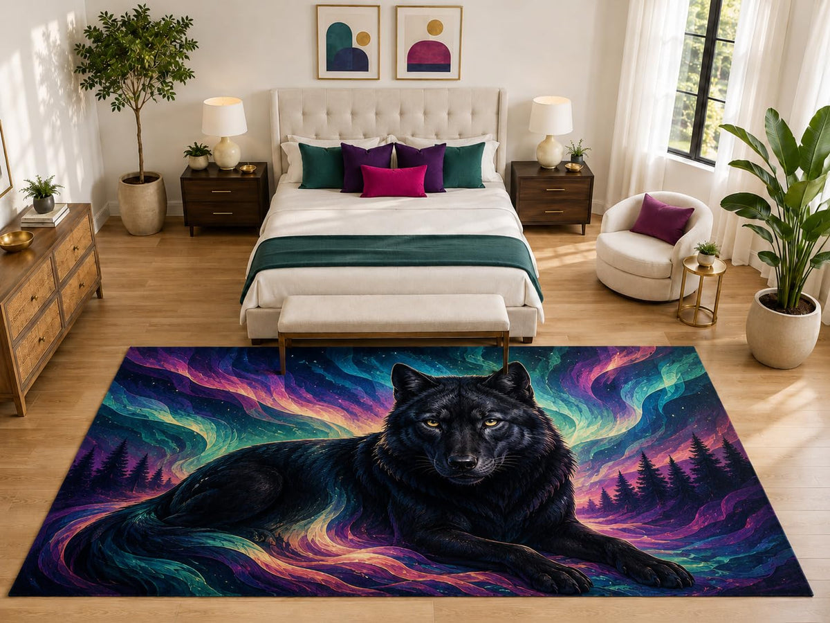ICE ARMOR "Ultra Light Weight Large 6'7" x 9'10" Black Wolf Aurora Rug, Soft Low Pile Indoor Rug, Non-Slip Silicone Backing for Bedroom Purple