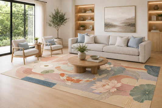 ICE ARMOR Large 6'7" x 9'10" Peach, Lavender and Cream Koi Lotus Abstract Area Rug for Living Room, Soft Low Pile Carpet with Non-Slip Silicone Backing, Decor for Bedroom and Dining Area