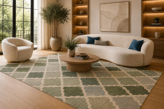 ICE ARMOR 6'7" x 9'10" Green and Cream Quatrefoil Pattern Area Rug for Living Room, Soft Low Pile Carpet with Non-Slip Silicone Backing, Floor Decor for Bedroom, Dining Area and Home Office