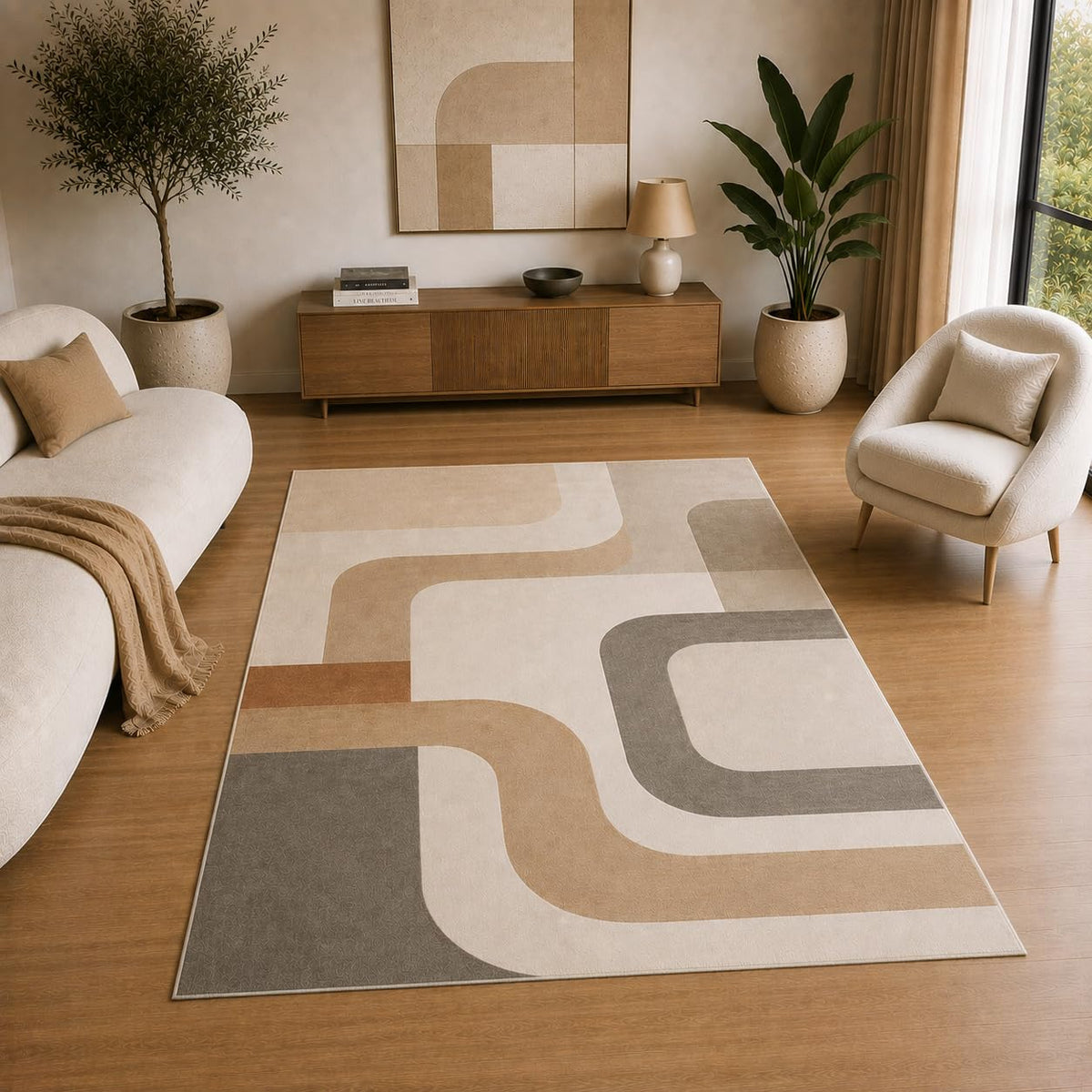 ICE ARMOR 5' x 7' Modern Geometric Line Area Rug for Living Room, Soft Low Pile Indoor Rug with Non-Slip Silicone Backing, Decorative Carpet for Bedroom, Office, Family Room, Beige