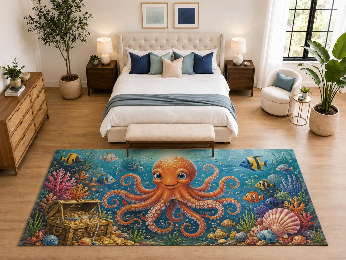 ICE ARMOR "Ultra Light Weight Large 6'7" x 9'10" Cute Octopus Treasure Reef Area Rug for Kids Room, Soft Low Pile Indoor Rug and Non-Slip Silicone Backing, Aqua Blue