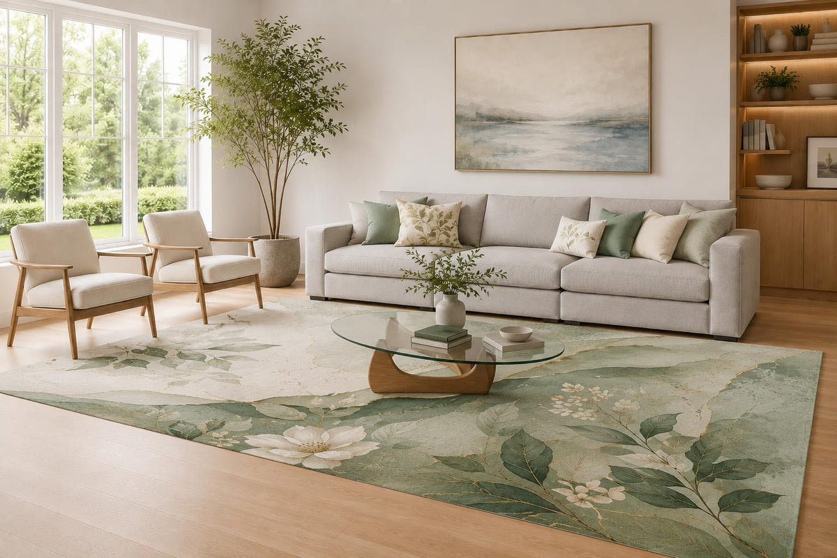 ICE ARMOR Large 6'7" x 9'10" Sage Green and Ivory Floral Meadow Area Rug for Living Room, Soft Low Pile Carpet with Non-Slip Silicone Backing, Decor for Bedroom and Home Office