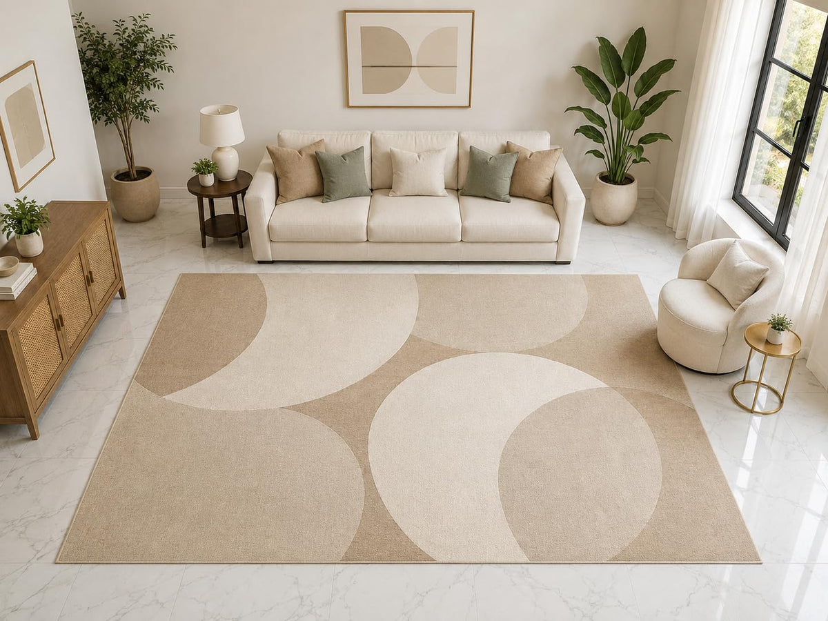 ICE ARMOR "Ultra Light Weight Large 6'7" x 9'10" Modern Abstract Circle Rug, Soft Low Pile Indoor Rug, Non-Slip Silicone Backing Living Room Beige