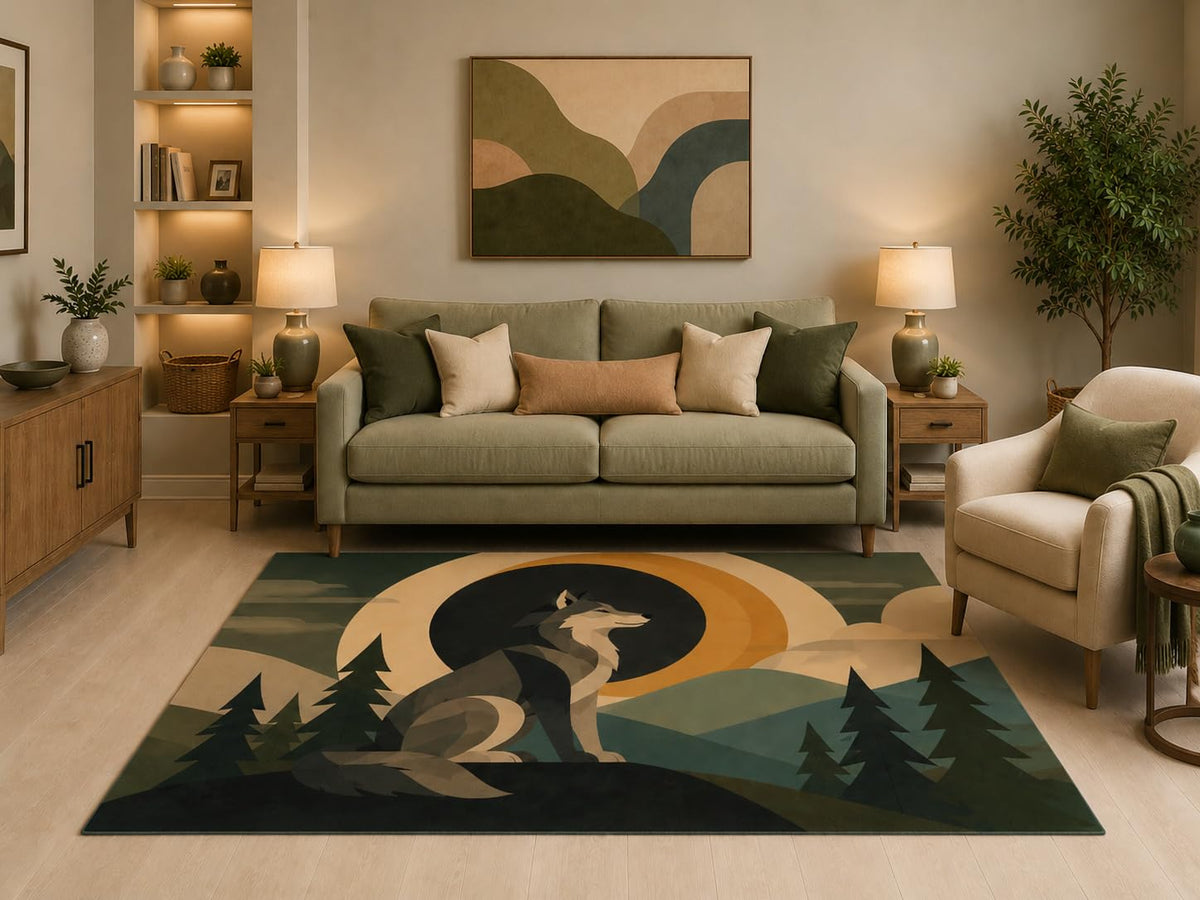 ICE ARMOR 5' x 7' Scandinavian Wolf Area Rug Modern Woodland Forest Landscape Wildlife Design for Living Room Bedroom Cabin Nursery Rustic Home Decor Non-Slip Silicone Backing Low Pile