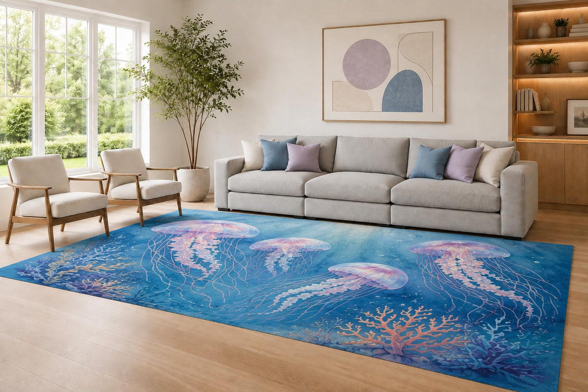 ICE ARMOR Large 6'7" x 9'10" Blue and Purple Jellyfish Reef Area Rug for Living Room, Soft Low Pile Carpet with Non-Slip Silicone Backing, Decor for Bedroom Dining Room and Home Office
