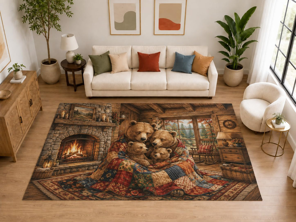 ICE ARMOR "Ultra Light Weight Large 6'7" x 9'10" Bear Family Cabin Rug, Soft Low Pile Indoor Rug, Non-Slip Silicone Backing for Family Room Brown