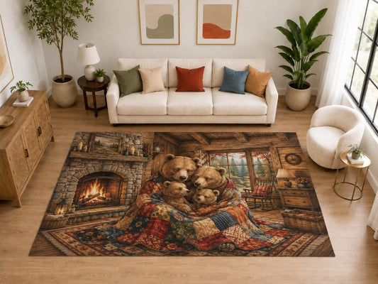 ICE ARMOR "Ultra Light Weight Large 6'7" x 9'10" Bear Family Cabin Rug, Soft Low Pile Indoor Rug, Non-Slip Silicone Backing for Family Room Brown