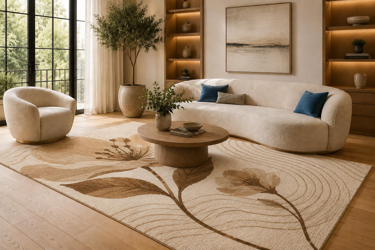 ICE ARMOR 6'7" x 9'10" Brown and Cream Sweeping Botanical Lines Area Rug for Living Room, Soft Low Pile Carpet with Non-Slip Silicone Backing, Floor Decor for Bedroom, Dining Area and Home Office