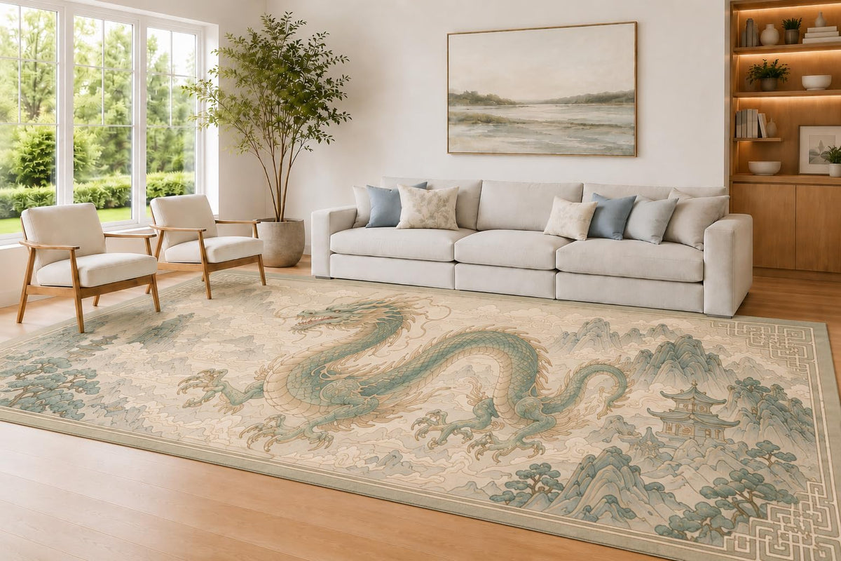 ICE ARMOR Large 6'7" x 9'10" Sage and Cream Dragon Pagoda Accent Area Rug for Living Room, Soft Low Pile Carpet with Non-Slip Silicone Backing, Decor for Bedroom and Home Office