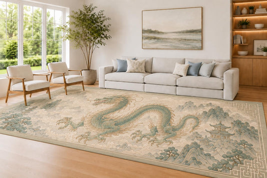 ICE ARMOR Large 6'7" x 9'10" Sage and Cream Dragon Pagoda Accent Area Rug for Living Room, Soft Low Pile Carpet with Non-Slip Silicone Backing, Decor for Bedroom and Home Office