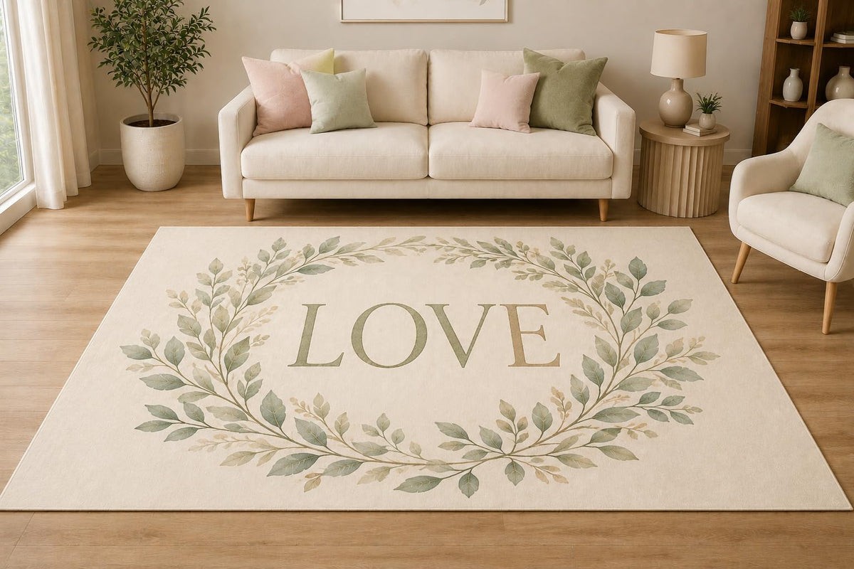 ICE ARMOR 5' x 7' Botanical Leaf Wreath Love Area Rug, Soft Low Pile Indoor Rug with Non-Slip Silicone Backing for Living Room, Bedroom, Office, Family Room, Cream Sage Green