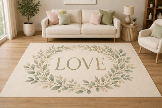 ICE ARMOR 5' x 7' Botanical Leaf Wreath Love Area Rug, Soft Low Pile Indoor Rug with Non-Slip Silicone Backing for Living Room, Bedroom, Office, Family Room, Cream Sage Green