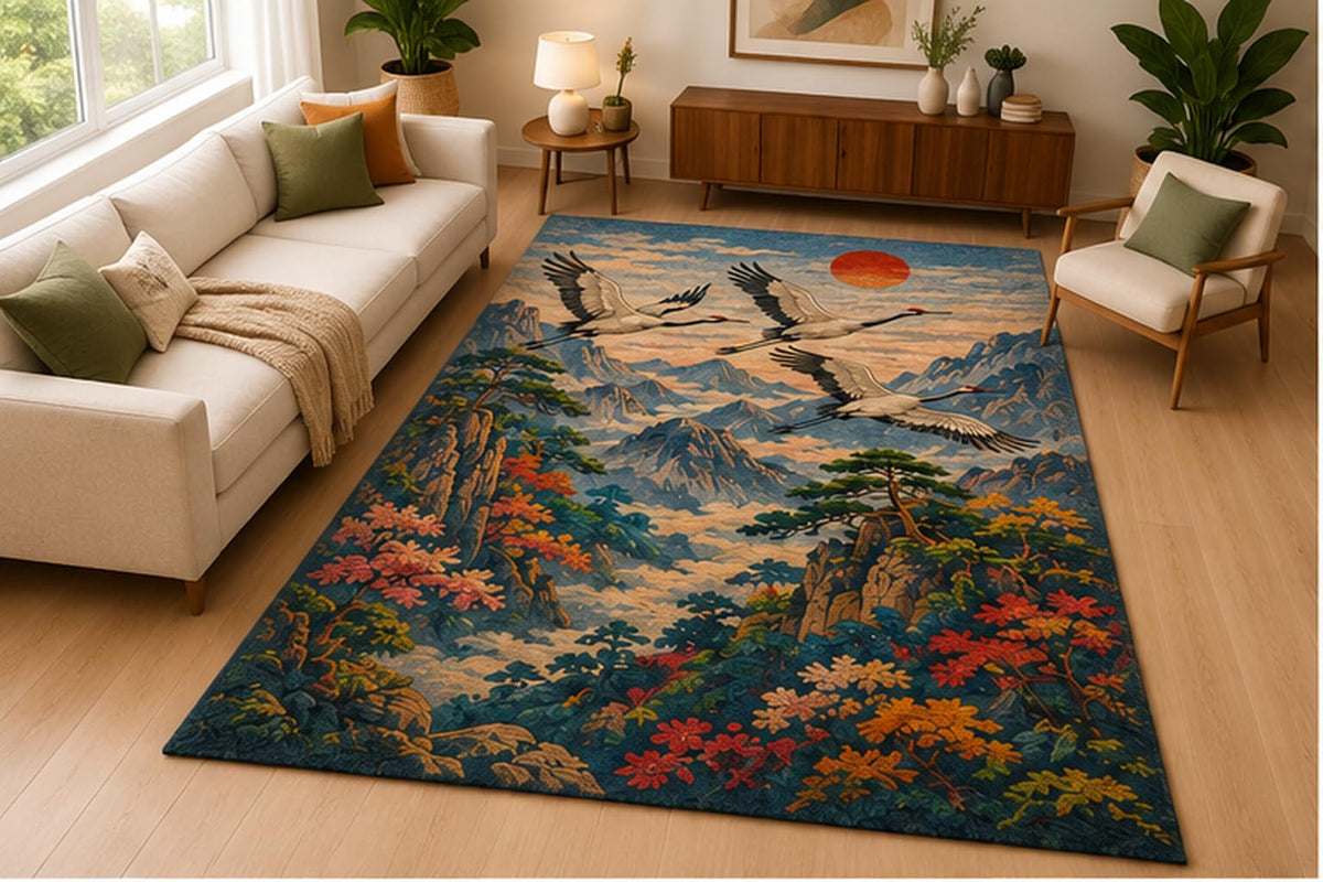 ICE ARMOR 5' x 7' Crane Mountain Blossom Nature Area Rug Soft Low Pile Indoor Rug with Non Slip Silicone Backing Japanese Style Bird Decor Carpet for Living Room Bedroom Dining Room Blue