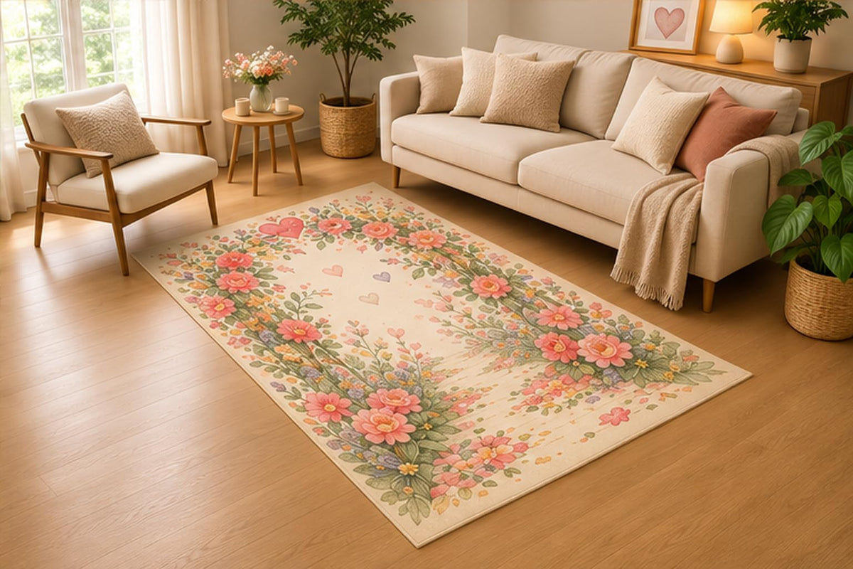 ICE ARMOR 5' x 7' Heart Shaped Floral Wreath Area Rug, Soft Low Pile Indoor Rug with Non-Slip Silicone Backing for Living Room, Bedroom, Nursery, Family Room, Pink Green Cream