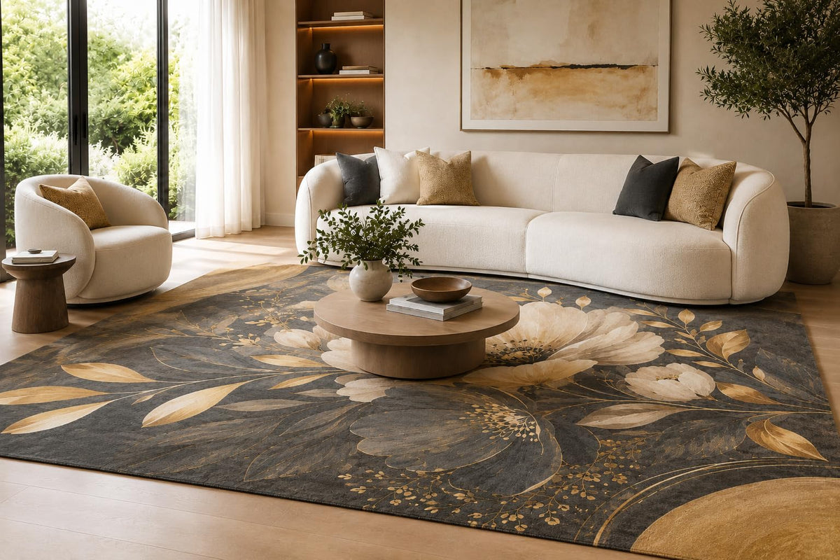 ICE ARMOR 6'7" x 9'10" Charcoal, Cream and Beige Midnight Floral Area Rug for Living Room, Soft Low Pile Carpet with Non-Slip Backing for Bedroom, Dining Room and Home Office