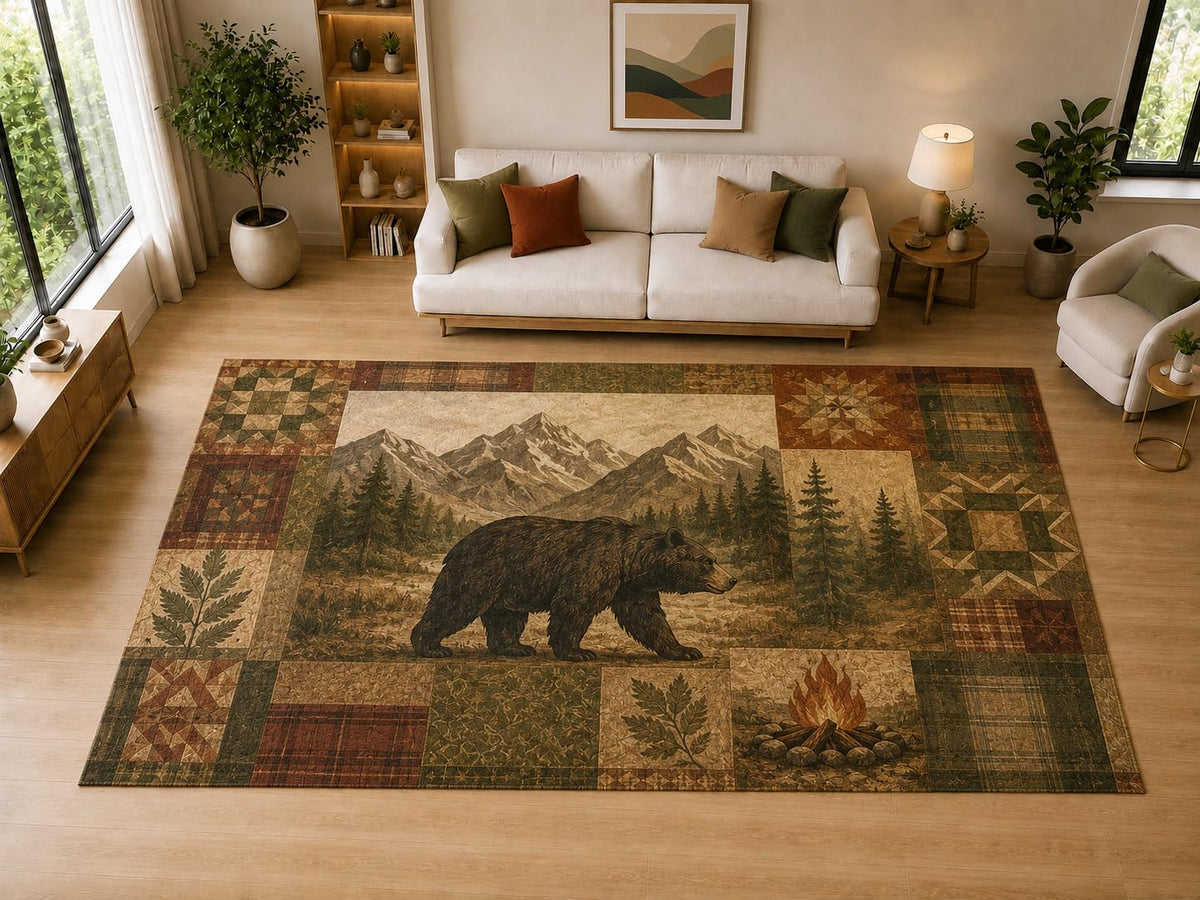 ICE ARMOR "Ultra Light Weight Large 6'7" x 9'10" Bear Campfire Mountain Decor, Living Room, Bedroom, Dining Room, Office, Family Room, Soft Low Pile Indoor Rug, Non-Slip Silicone Backing, Brown