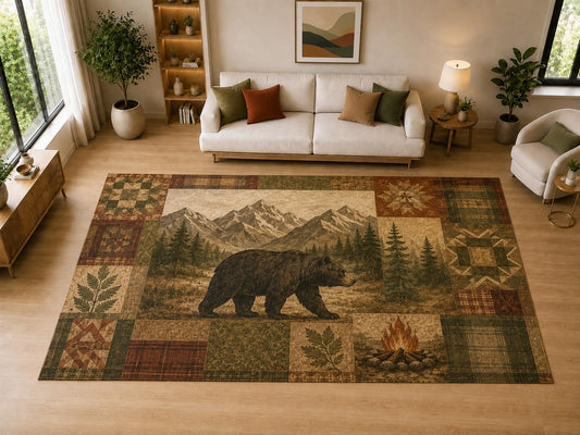 ICE ARMOR "Ultra Light Weight Large 6'7" x 9'10" Bear Campfire Mountain Decor, Living Room, Bedroom, Dining Room, Office, Family Room, Soft Low Pile Indoor Rug, Non-Slip Silicone Backing, Brown
