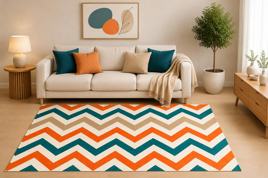 ICE ARMOR 5' x 7' Chevron Geometric Area Rug, Coral Teal Modern Zigzag Pattern for Living Room Bedroom Office, Non-Slip Silicone Backing, Low Pile Carpet