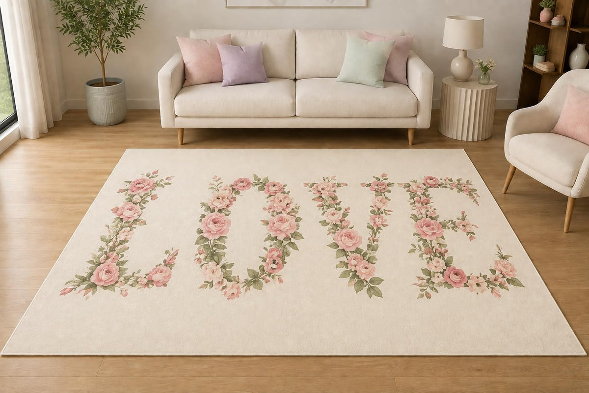 ICE ARMOR 5' x 7' Floral Rose Letter Love Area Rug, Soft Low Pile Indoor Rug with Non-Slip Silicone Backing for Living Room, Bedroom, Dining Room, Family Room, Cream Pink Green