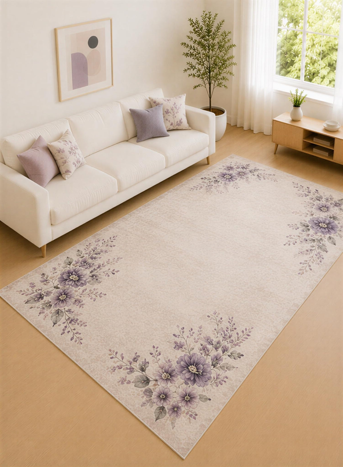ICE ARMOR "Ultra Lightweight Large 6'7" x 9'10" Ivory and Lavender Soft Corner Spray Area Rug for Living Room, Bedroom and Home Office, Soft Low Pile Carpet with Non-Slip Silicone Backing