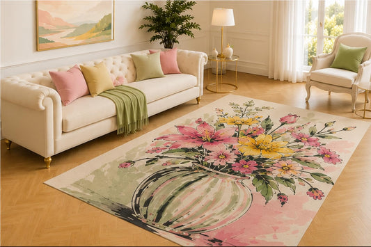 ICE ARMOR 5' x 7' Watercolor Lily Bouquet Rug, Pink and Yellow Flowers in a Striped Ceramic Pot, Artistic Botanical Decor for Living Room, Bedroom, Studio or Entryway