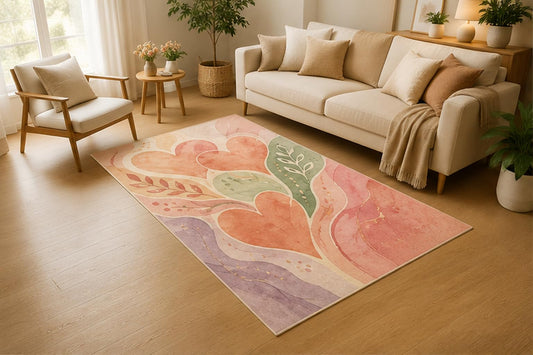ICE ARMOR 5' x 7' Abstract Watercolor Heart Botanical Area Rug, Soft Low Pile Indoor Rug with Non-Slip Silicone Backing for Living Room, Bedroom, Office, Family Room, Modern Decor, Pink Peach Green