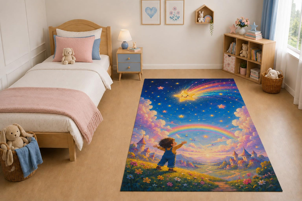 ICE ARMOR "Ultra Light Weight 5' x 7' Rainbow Star Adventure Area Rug for Living Room, Bedroom and Home Office, Soft Low Pile Carpet with Non-Slip Silicone Backing, Blue and Pink