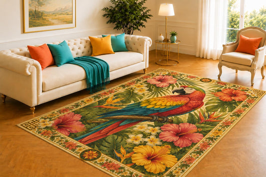 ICE ARMOR 5' x 7' Tropical Parrot Rug, Colorful Macaw Surrounded by Hibiscus, Plumeria and Exotic Leaves, Vibrant Floor Cover for Living Room or Sunroom