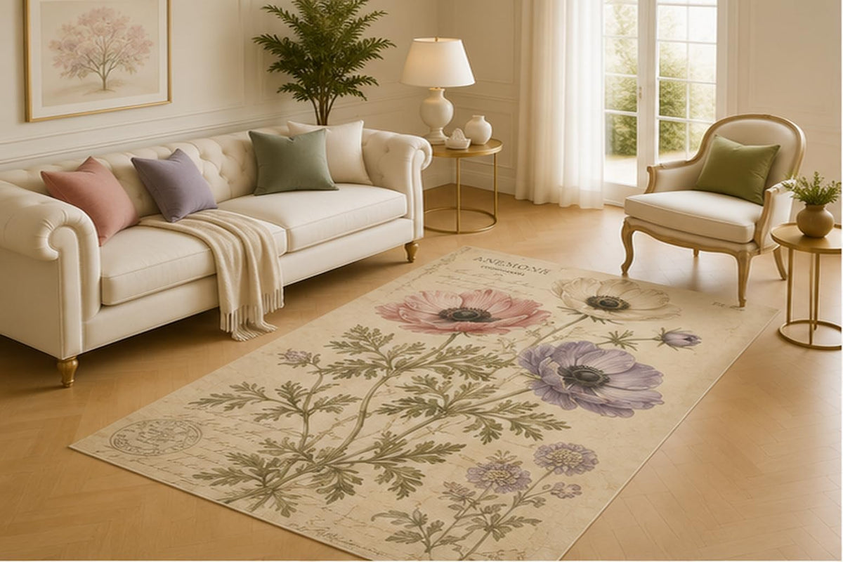 ICE ARMOR 5' x 7' Romantic Anemone Herbarium Area Rug for Living Room, Soft Low Pile Carpet with Non-Slip Silicone Backing for Bedroom, Guest Room, Office, Kids and Pets