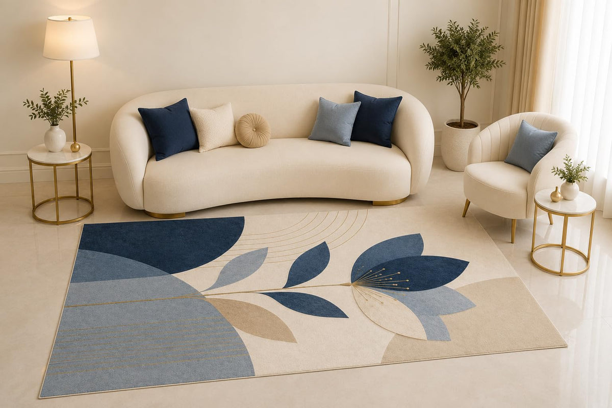 ICE ARMOR 5' x 7' Blue Floral Area Rug, Modern Abstract Botanical Leaf Design for Living Room Bedroom Office Decor, Non-Slip Silicone Backing Low Pile