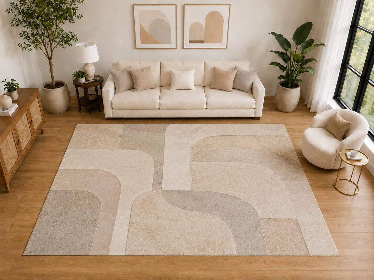 ICE ARMOR "Ultra Light Weight Large 6'7" x 9'10" Modern Rounded Geometric Area Rug, Soft Low Pile Indoor Rug and Non-Slip Silicone Backing for Living Room Office, Beige