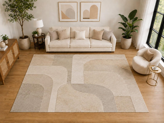 ICE ARMOR "Ultra Light Weight Large 6'7" x 9'10" Modern Rounded Geometric Area Rug, Soft Low Pile Indoor Rug and Non-Slip Silicone Backing for Living Room Office, Beige