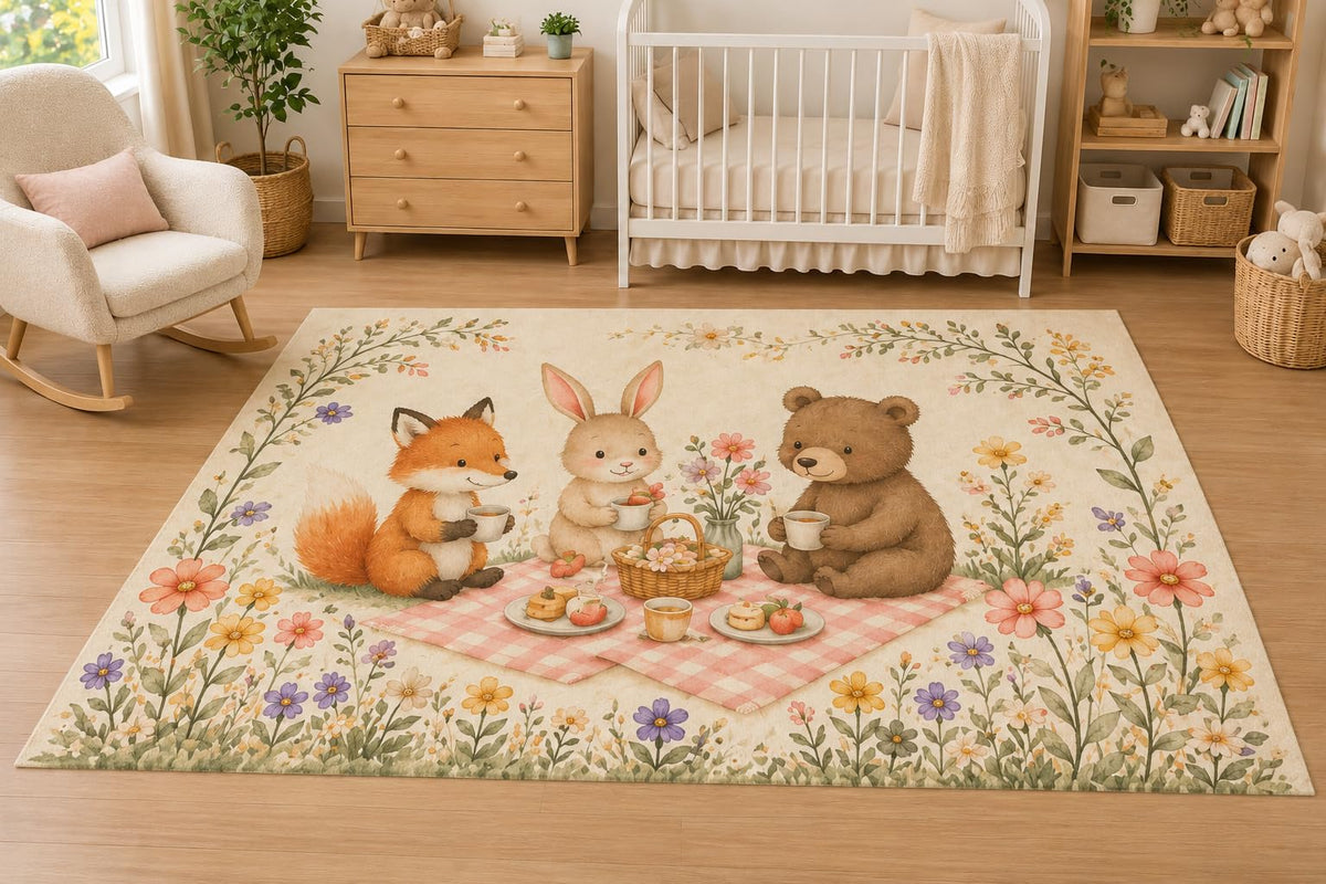 ICE ARMOR 5' x 7' Woodland Animals Picnic Area Rug for Nursery, Soft Low Pile Indoor Rug with Non-Slip Silicone Backing, Kids Room, Playroom, Kids & Pets, Beige Pink