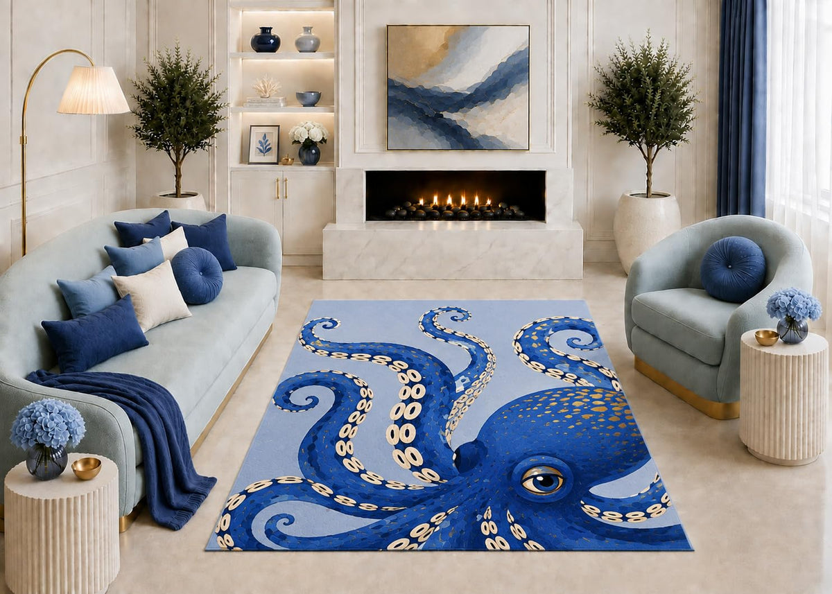ICE ARMOR "Ultra Light Weight 5' x 7' Blue Octopus Close Up Area Rug, Whimsical Coastal Ocean Sea Life Art for Living Room Bedroom Beach House Decor, Non-Slip Silicone Backing Low Pile