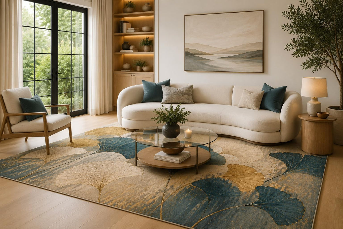 ICE ARMOR 6'7" x 9'10" Teal, Beige and Cream Ginkgo Leaf Garden Area Rug for Living Room, Soft Low Pile Carpet with Non-Slip Backing for Bedroom and Home Office