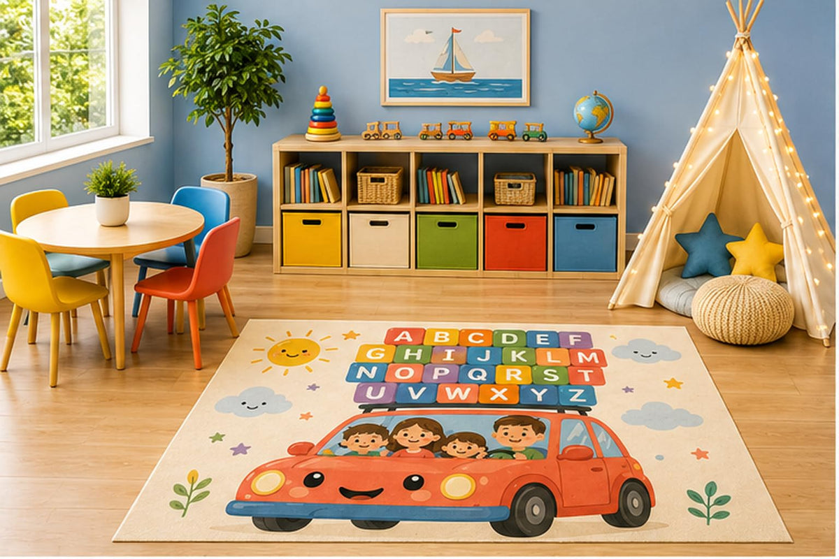 ICE ARMOR 5' x 7' Alphabet Car Area Rug, Educational ABC Learning Play Mat with Cute Family Car for Kids Bedroom Nursery Classroom Playroom, Non-Slip Silicone Backing Low Pile