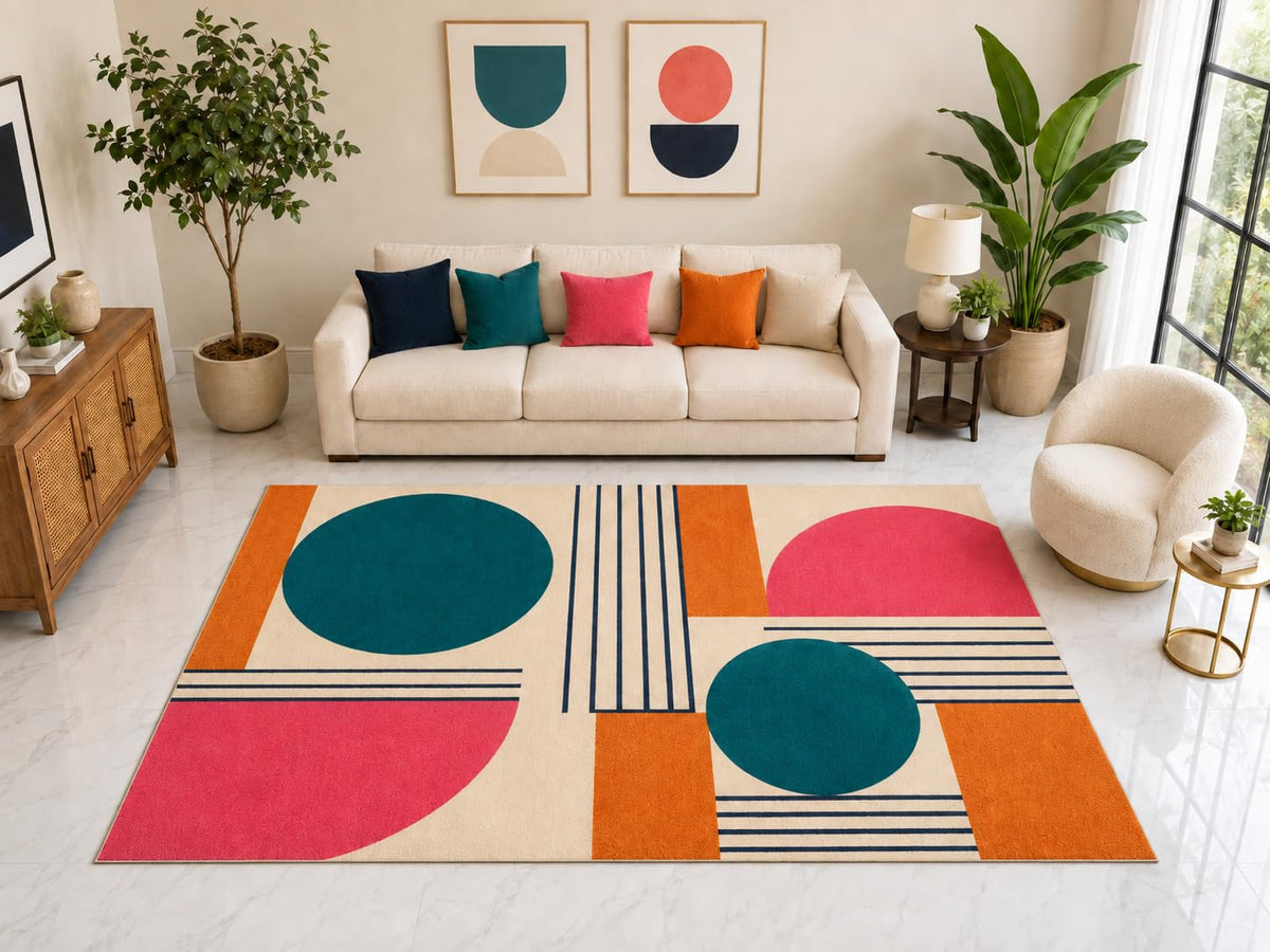 ICE ARMOR "Ultra Light Weight Large 6'7" x 9'10" Mid Century Area Rug Carpet Soft Low Pile Indoor Rug and Non-Slip Silicone Backing for Office Pink