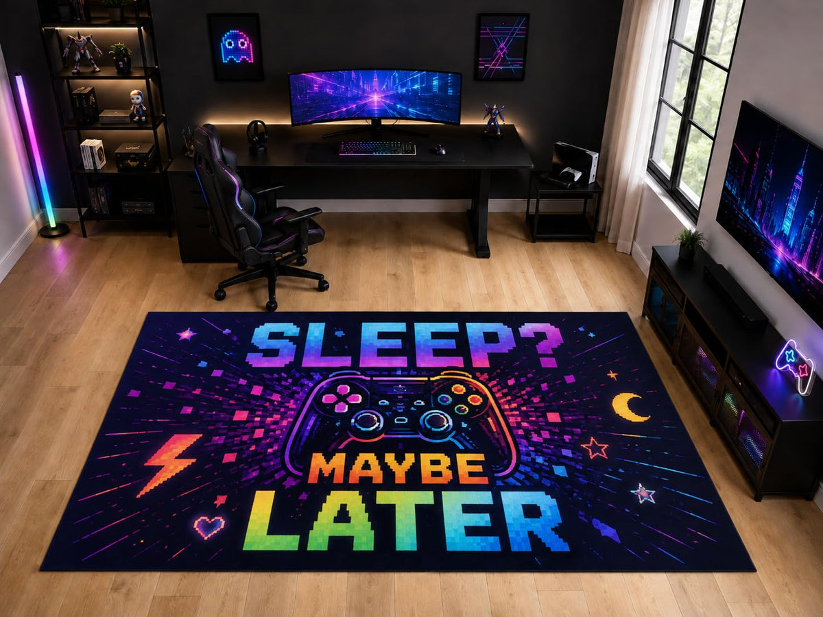 ICE ARMOR "Ultra Light Weight Large 6'7" x 9'10" Sleep Maybe Later Gaming Area Rug for Kids Room Bedroom, Soft Low Pile Indoor Rug and Non-Slip Silicone Backing, Black