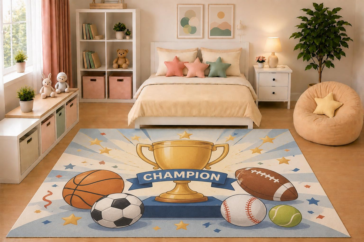 ICE ARMOR 5' x 7' Kids Area Rug Sports Trophy Champion Rug Basketball Soccer Football Baseball Tennis Bedroom Playroom Nursery Decor Non-Slip Silicone Backing Low Pile