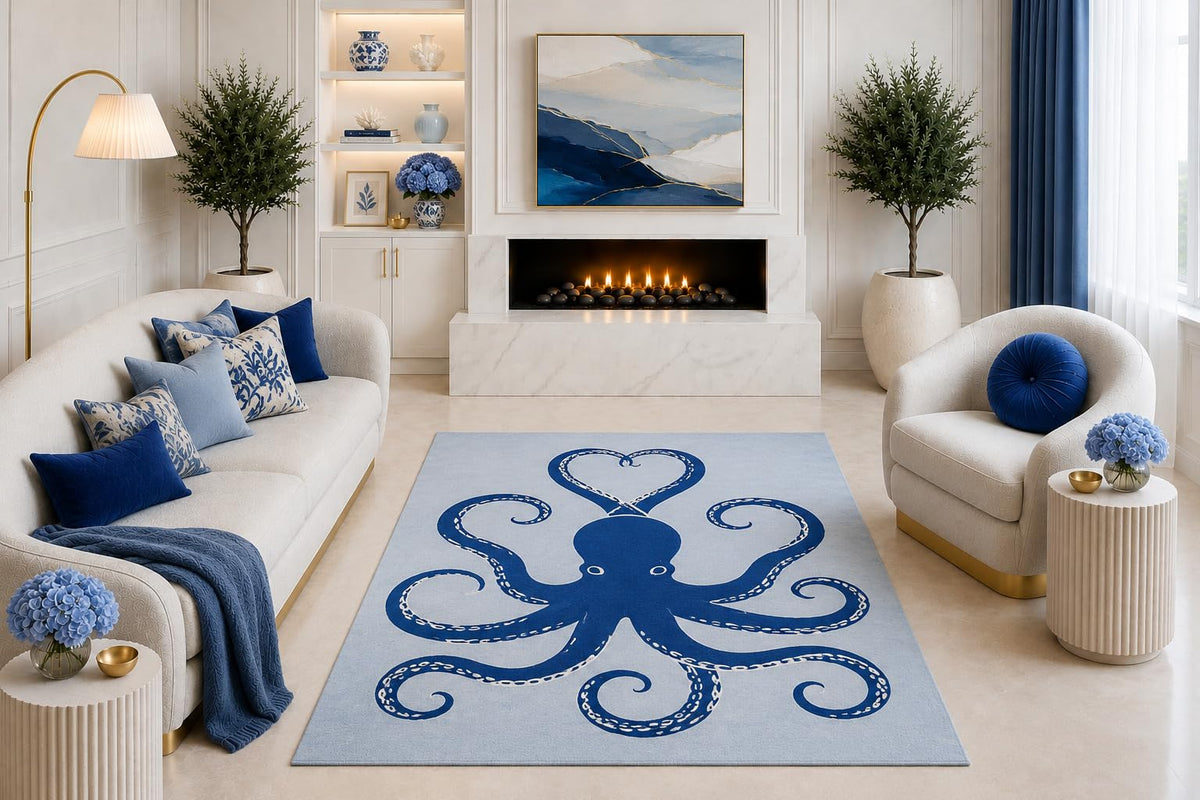 ICE ARMOR "Ultra Light Weight 5' x 7' Navy Octopus Heart Area Rug, Minimalist Coastal Ocean Sea Life Art for Living Room Bedroom Beach House Decor, Non-Slip Silicone Backing Low Pile