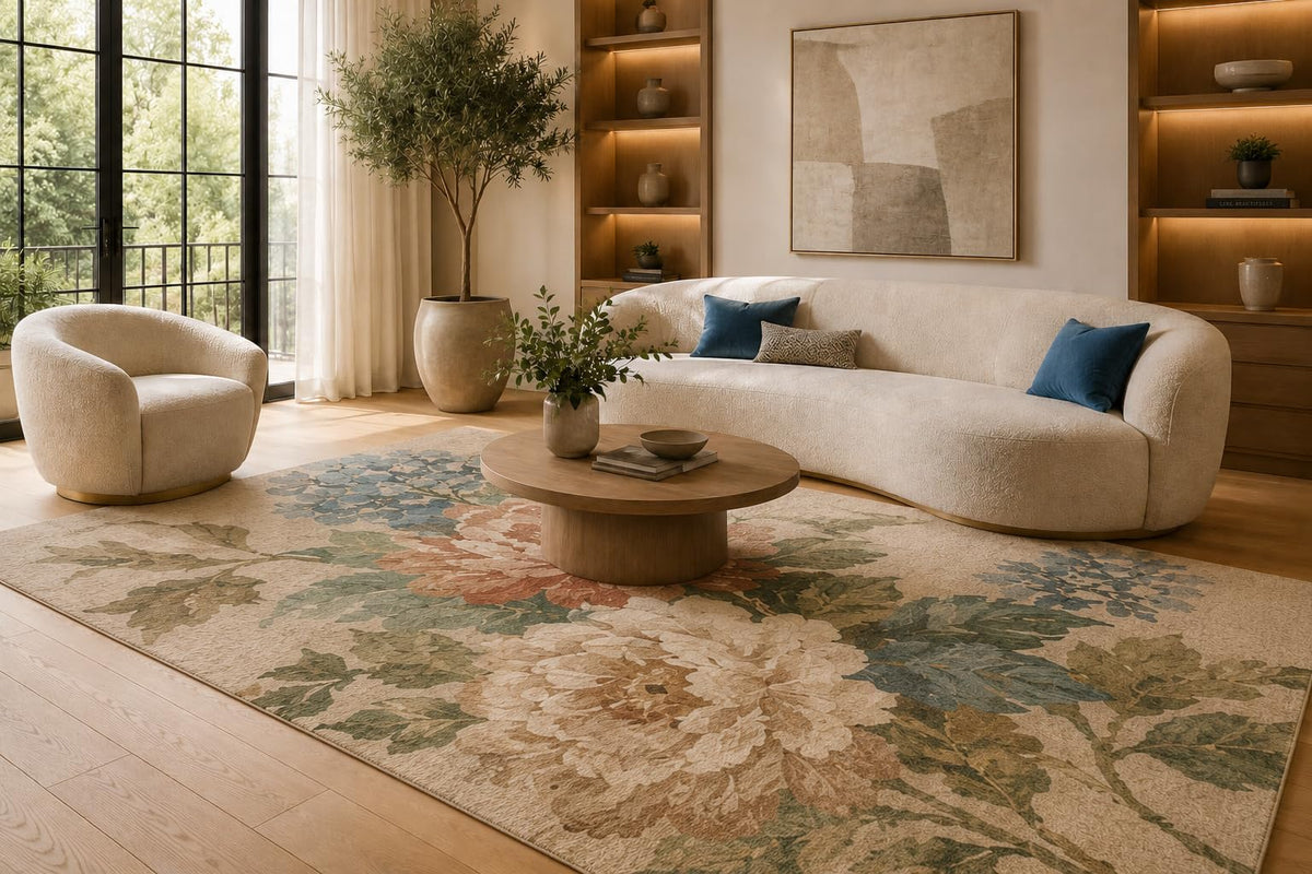 ICE ARMOR 6'7" x 9'10" Green and Blush Botanical Flower Area Rug for Living Room, Soft Low Pile Carpet with Non-Slip Silicone Backing, Floor Decor for Bedroom, Dining Area and Home Office