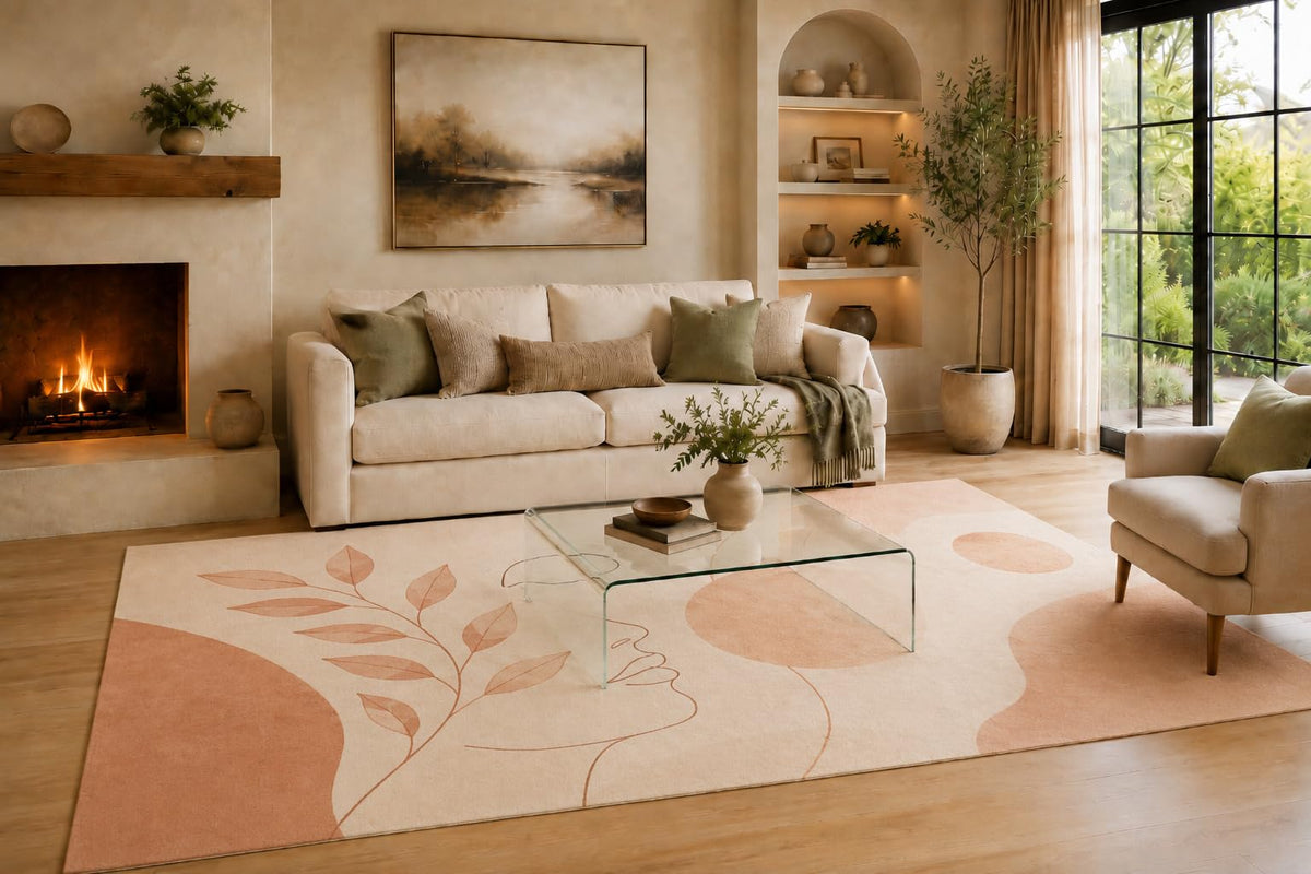 ICE ARMOR Large 6'7" x 9'10" Terracotta and Cream Abstract Face Vine Area Rug for Living Room, Soft Low Pile Carpet with Non-Slip Backing for Bedroom, Dining Room and Office