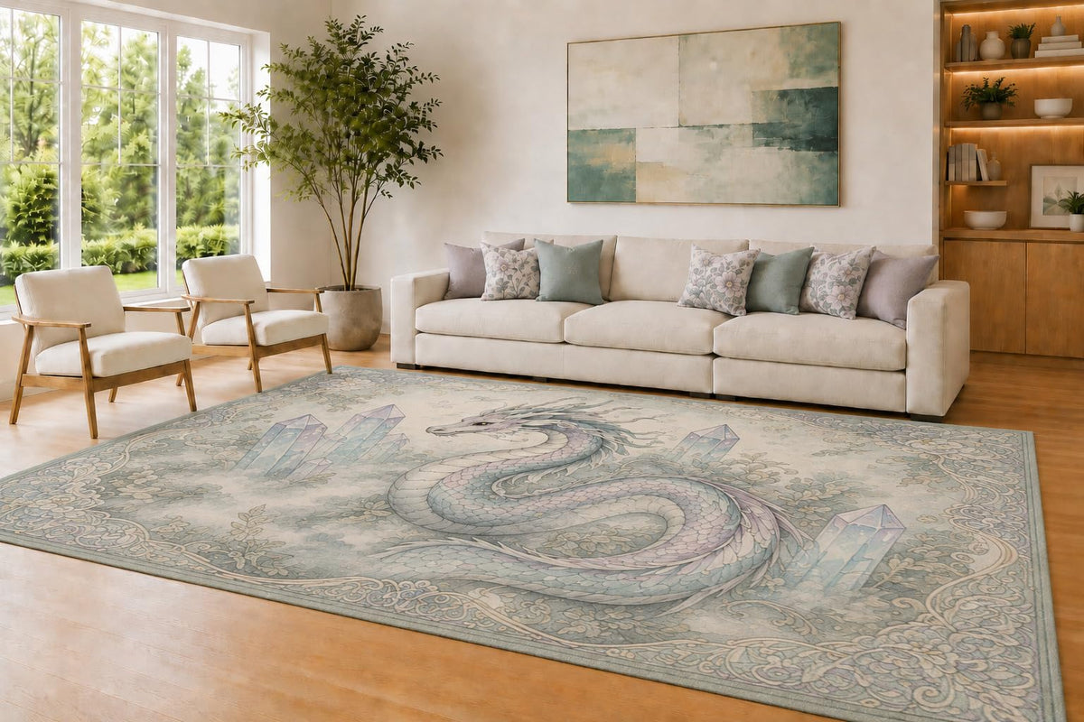 ICE ARMOR Large 6'7" x 9'10" Lavender and Sage Crystal Dragon Area Rug for Living Room, Soft Low Pile Carpet with Non-Slip Silicone Backing, Decor for Bedroom and Home Office