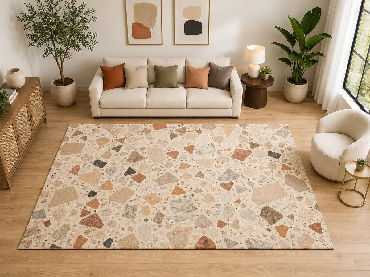 ICE ARMOR "Ultra Light Weight Large 6'7" x 9'10" Terrazzo Stone Area Rug, Soft Low Pile Indoor Rug and Non-Slip Silicone Backing for Living Room Dining Room, Beige