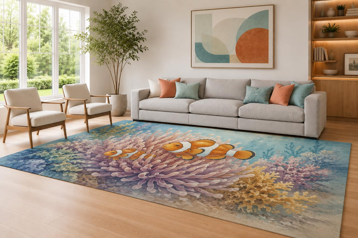ICE ARMOR Large 6'7" x 9'10" Blue and Orange Clownfish Pair Area Rug for Living Room, Soft Low Pile Carpet with Non-Slip Silicone Backing, Decor for Bedroom Dining Room and Home Office