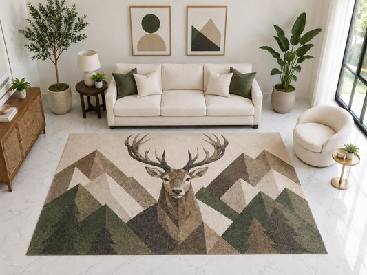 ICE ARMOR "Ultra Light Weight Large 6'7" x 9'10" Forest Stag Area Rug Carpet Soft Low Pile Indoor Rug and Non-Slip Silicone Backing Living Room Green