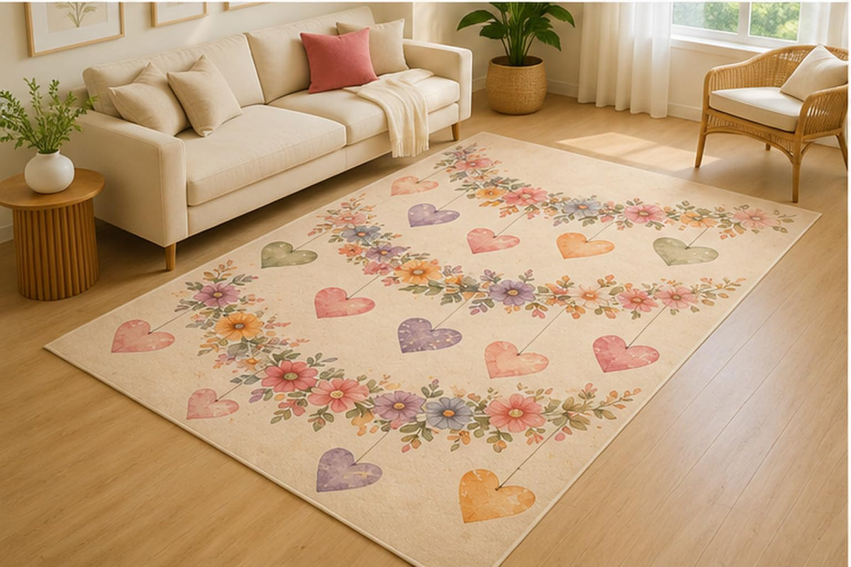 ICE ARMOR 5' x 7' Hanging Heart Garland Floral Area Rug for Living Room, Soft Low Pile Indoor Rug with Non-Slip Silicone Backing, Decorative Carpet for Bedroom, Nursery, Kids Room, Kids & Pets