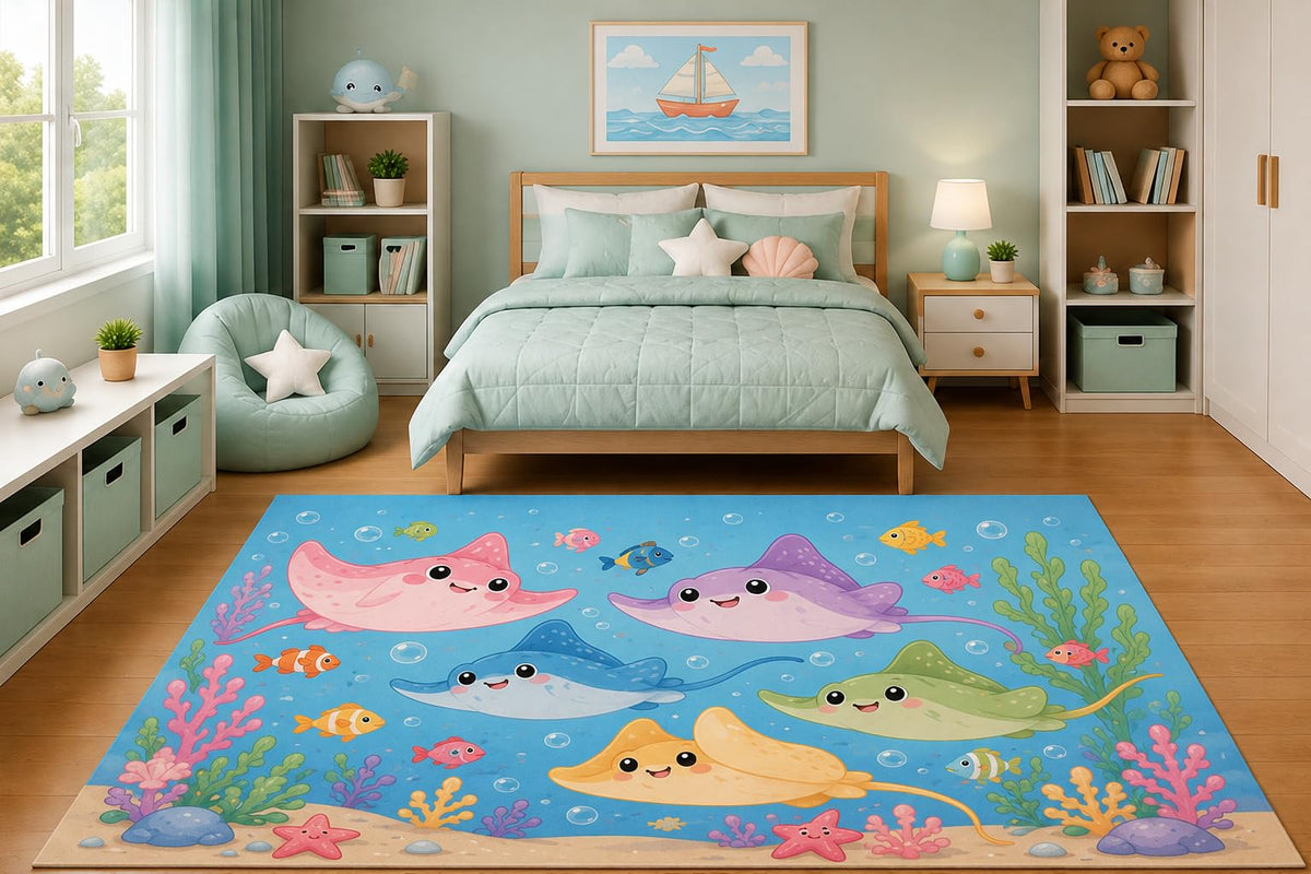 ICE ARMOR 5' x 7' Cute Pastel Stingrays Underwater Area Rug for Kids Bedroom Nursery Playroom Scandinavian Minimalist Ocean Sea Animal Decor Non-Slip Silicone Backing Low Pile