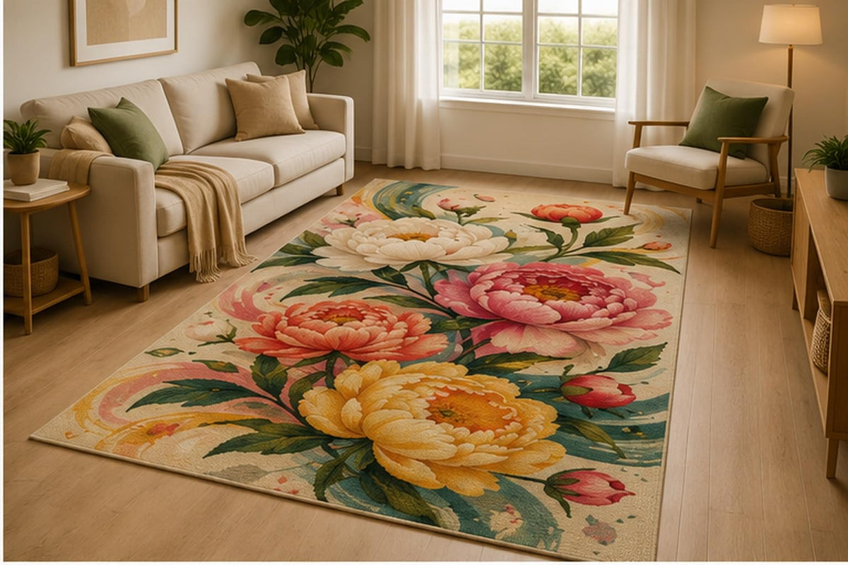 ICE ARMOR 5' x 7' Watercolor Peony Bloom Area Rug for Living Room, Soft Low Pile Indoor Rug with Non-Slip Silicone Backing, Bedroom, Office, Family Room, Cream Pink